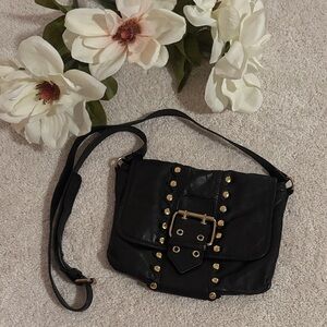 French Connection Genuine Leather Black Crossbody with Gold Accents
